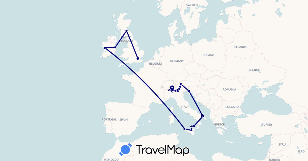 TravelMap itinerary: driving in Austria, United Kingdom, Ireland, Italy (Europe)